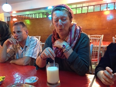 Gill making a face after drinking "doogh", a cold drink of curdled milk and water seasoned with mint