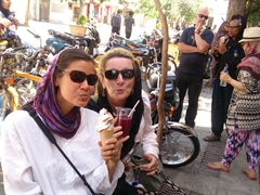 Becky and Gill about to partake in ice cream and pomegranate juice; Shiraz