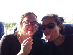 Gill and Becky enjoying an ice cream treat after visiting Konye Urgench