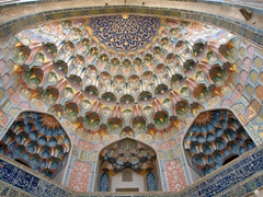Colorful tilework on Abdul Aziz Khan Medressa; Bukhara