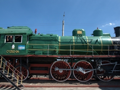 Robby inside an antique train; Tashkent Railway Museum