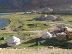 Hilltop view of our campsite; Lake Karakol