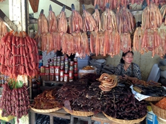 Dried meat and sausages for sale at the local market; Siem Reap