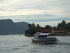 Leaving on an early morning boat for Parapat; Lake Toba