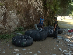 Preparing our tubes for a drift down the Bahorok River; Bukit Lawang