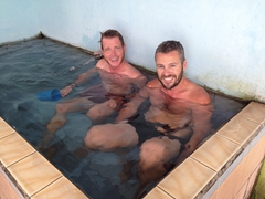 Lars and Robby alternating from the cold pool to the hot spring; Pemandian Air Panas Hot Spring
