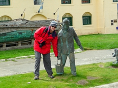 Robby acting goofy outside the Maritime and Prison museum; Ushuaia