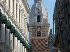 Cartagena's Cathedral Tower as seen down one of the city's many narrow streets