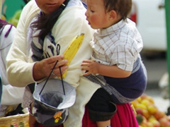 An indigenous woman hands her child a plantain; Gualaceo market