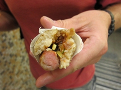 Robby showing off "big sausage wrapped in small sausage" (Da Chang Bao Xiao Chang 大腸包小腸)