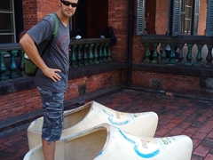 Robby in massive Dutch wooden clogs; Former British Consulate Residence in Tamsui