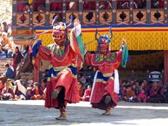 Dance of the Lord of Death and his Consort (long brocade dress; buffalo masks)