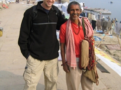 Robby and a happy sandal wood seller; Varanasi