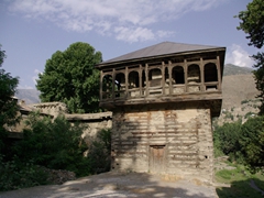 One of Chitral Fort's watch towers which faces the river. Descendants of the royal family still live in Chitral Fort