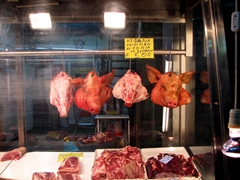 The meat market is not for the squeamish; fresh pig heads for sale!
