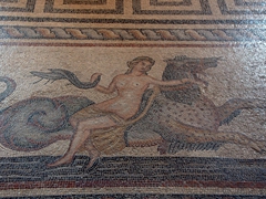 Example of the detailed mosaics that decorate the floors of the Palace of the Grand Masters (dating to the Late Hellenistic, Roman and Early Christian times). They were transferred in the 1930s in order to decorate the palace