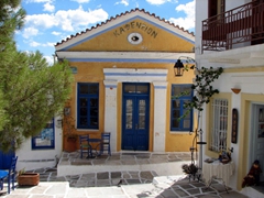 This yellow hued building really stood out amongst its white washed neighbors in Lefkes