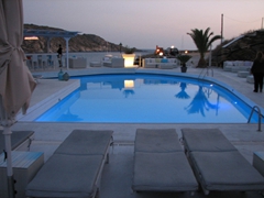 The swimming pool of Markos Beach Hotel overlooks Mylopotas Beach