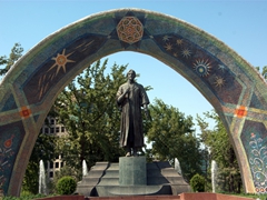 A massive statue of 10th Century Persian poet and writer Rudaki; Dushanbe's Rudaki Park