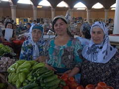 Tajik ladies pose nicely for a photo; Penjikent Bazaar
