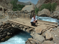 Becky on a wooden bridge just below the 1st Lake of Marguzor
