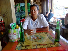 Becky enjoying some drinks at Bananas; Vieques