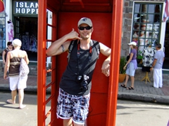 Robby in an old English style telephone booth (obviously now defunct)
