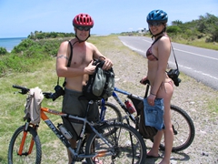 Robby and Franny strip down to their bare essentials after deciding that biking around Nevis is hard work