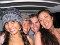 Kammi, Becky, Robby, and Franny squeeze into a taxi after a fun night in Nevis