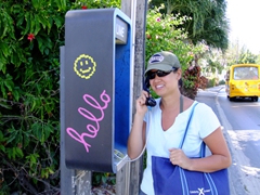 The caption on the side of the telephone booth says it all....Becky couldn't resist