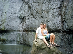 Posing by a waterfall; interior Moorea