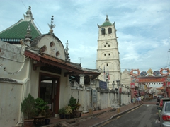 View of Jalan Tokong (formerly Temple Street) in the core zone of the Malacca Unesco World Heritage Site. Here, Kampong Kling Mosque can be seen