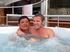 Anh Hai and Robby goof around in the hot tub; Costa Victoria