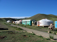 View of the Yol valley’s biggest souvenir strip: a series of ger shops arranged in a row that showcase Mongolia’s biggest stamp collection, hand woven camel hair socks, scenic paintings, and the like