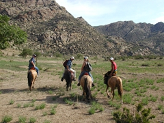 Richard, Bob and Lisa try to get comfortable in the Mongolian saddles before setting off for a ride in the Hogno Khan mountain range