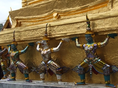 Mythological figures from the Hindu epic Ramayana. The demon guardians stand guard over Wat Phra Kaew Buddhist temple in the Grand Palace, Bangkok