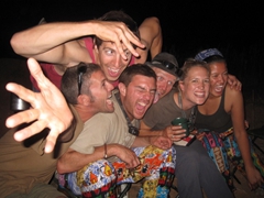 Bush camp party with Robby, Goodie, Dowelly, Lucky, MJ and Becky; Mali