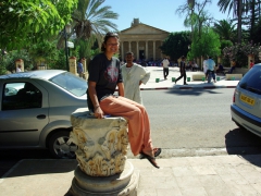 Becky sitting in front of El Rahman Mosque (former Cathedral of St Paul)
