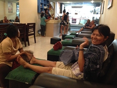 Enjoying a foot massage our last night in Bali