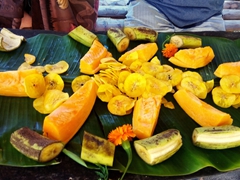 Light snack of plantains, bananas and papaya; Blue Lagoon 