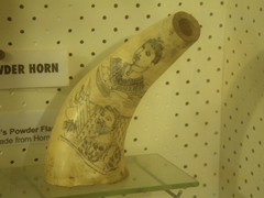 1860 powder horn; Whare Taonga at Okains Bay Maori Museum