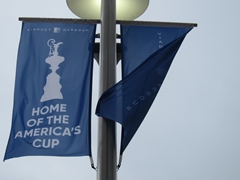 Flags in downtown Auckland celebrate Team New Zealand bringing the 35th America's Cup home 