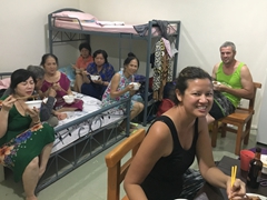 Chowing down on our self-catered dinner; G&A Apartments in Tagbilaran