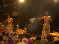 Priests performing incense puja; Dashashwamedh Ghat