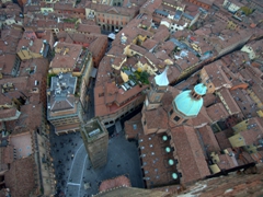 View from the Tower of the Asinelli looking down upon the much shorter Tower of the Garisenda; Piazza di Porta Ravegnana