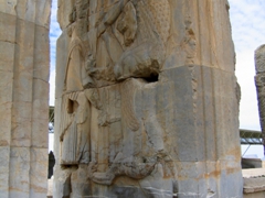 Relief on the western doorway showing a King in combat with a lion; Harem of Xerxes, Persepolis