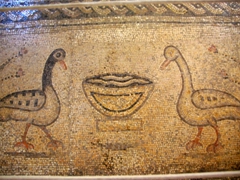 A floor mosaic of geese inside the Church of the Multiplication of Loaves and Fishes; Tabgha