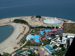 Bird’s eye view of a nearby amusement park from the Kuwaiti Tower viewing deck