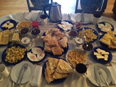 A sumptuous breakfast awaits us at our B&B in Mestia, the lovely Giorgi homestead