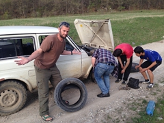 Pop goes the tire...thankfully there was a spare so we were back on the road in no time